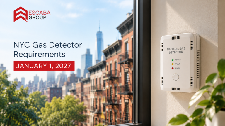 NYC gas detector requirements for residential buildings, featuring a natural gas alarm and January 2027 compliance deadline.